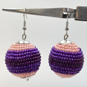 Pink Purple Beaded Wrap Ball Dangle Silver Tone Earrings Chunky Bold Boho